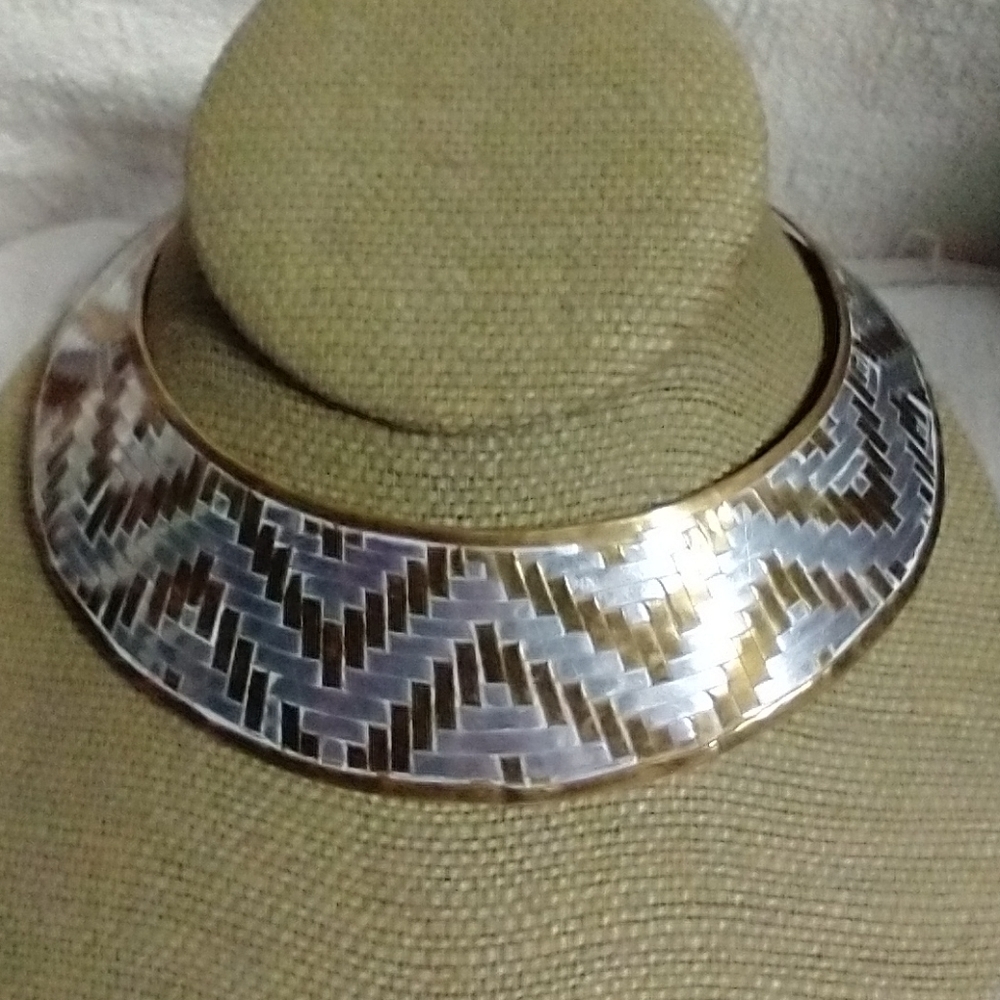 Woven brass aluminum choker collar necklace